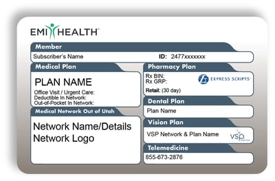 Sample EMI Health member ID card showing the member ID, medical, pharmacy, dental, vision, and telehealth sections