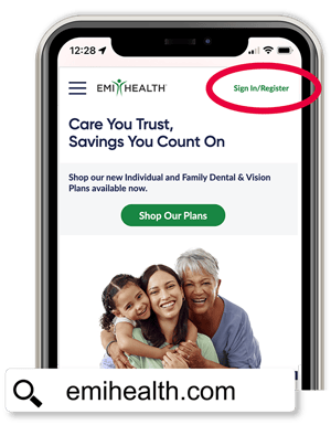The emihealth.com home page on a phone, with the Sign In/Register link circled The emihealth.com home page on a phone, with the Sign In/Register link circled